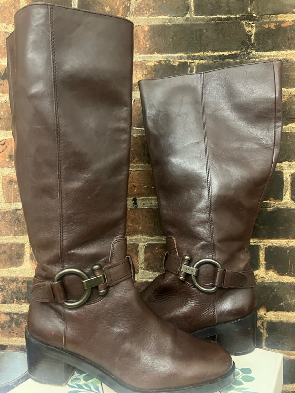 Coach Dark Brown Knee-High Leather Boots with Tan Interior